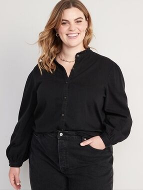 Old Navy Black Cotton Denim Ruffled-Neck Blouse